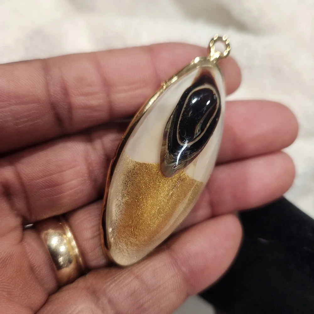 Vintage Gold Tone Pendant Marquise Abstract Resin White Gold Black Swirl chunky